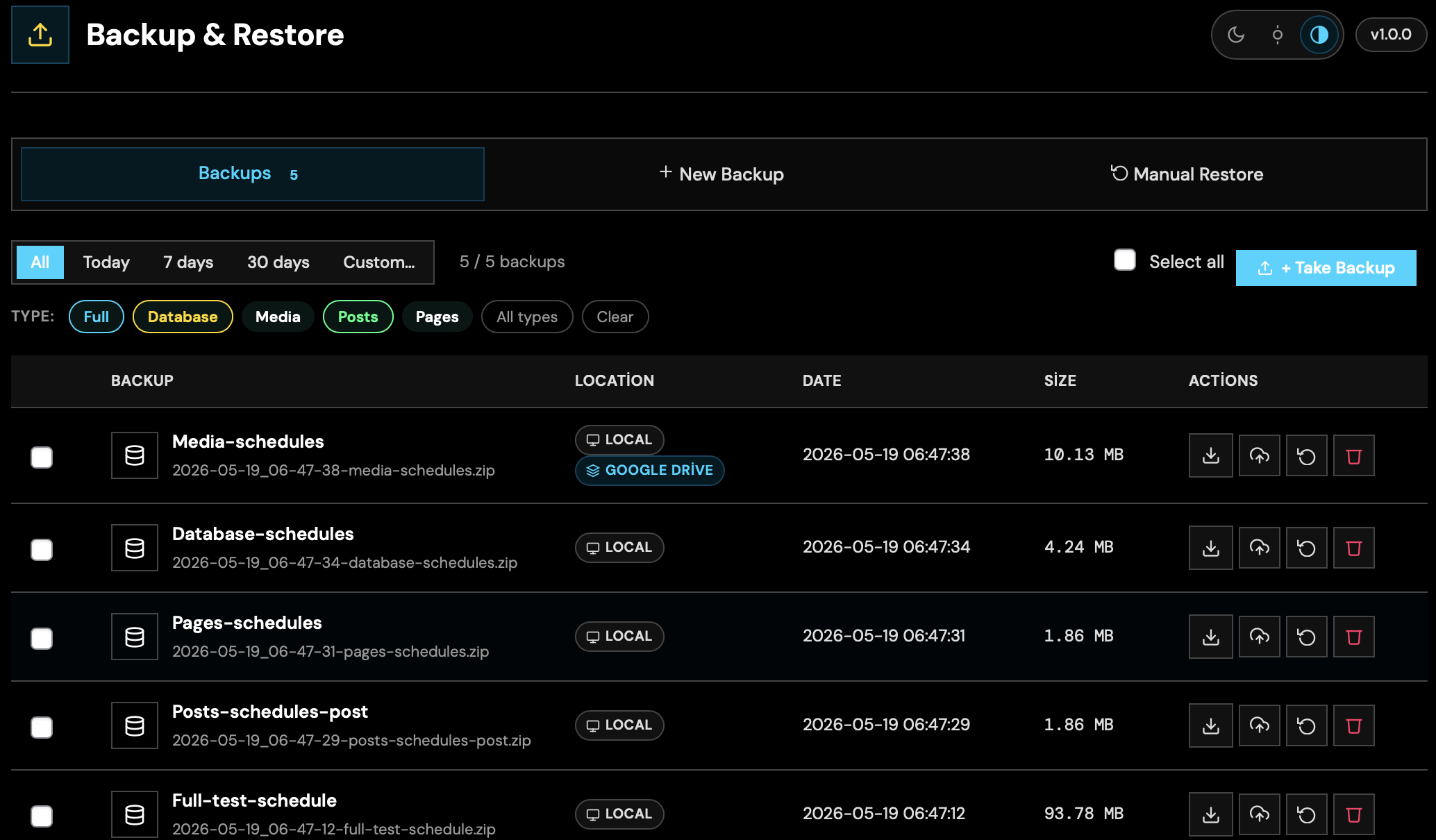 Backup list: status, size, timestamp and per-row actions.
