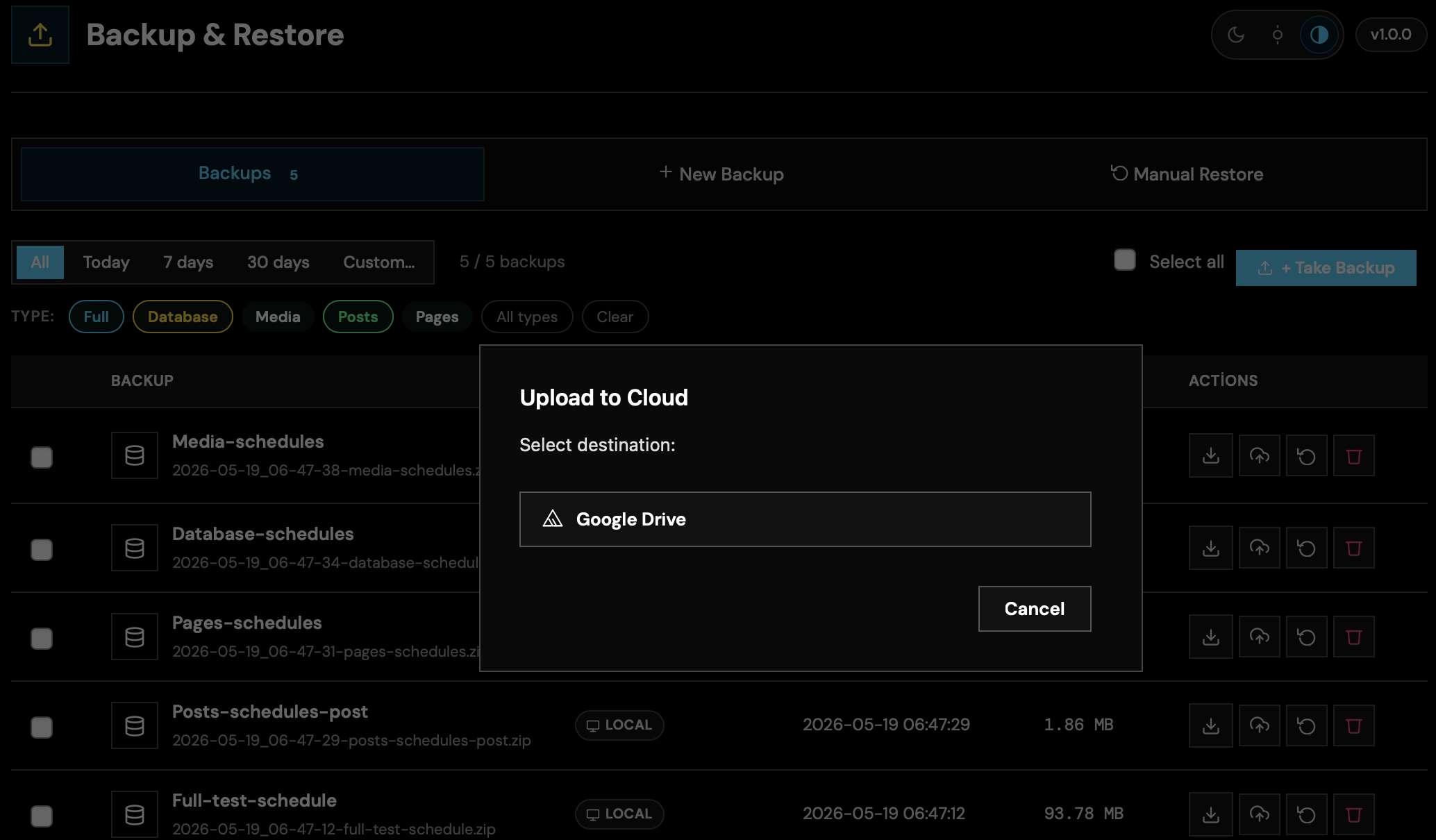 “Upload to Cloud” flow — pick provider and destination folder.