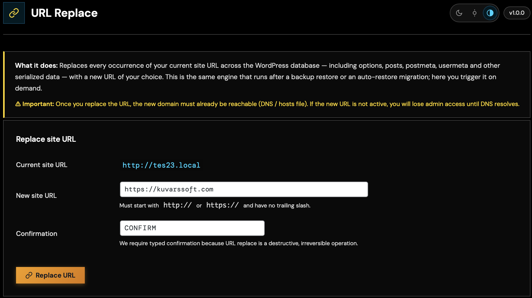 URL Replace main screen.
